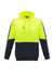 A unisex hi-vis pullover hoodie in bright yellow and navy, featuring a logo on the front.