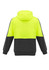 A unisex hi-vis full zip hoodie featuring a neon yellow upper and black lower portion, with a hood and branding.