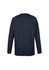 A navy unisex pullover hoodie with long sleeves and a back view. It features a logo.