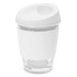 A drink bottle in white with a clear glass base and a lid featuring a spout, designed for beverages.