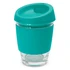 A drink bottle featuring a clear glass base, teal silicone sleeve, and matching lid. It has a logo on the lid.