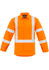 A high-visibility orange shirt featuring reflective stripes and a chest pocket, with long sleeves and a logo.