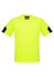 A bright yellow work t-shirt with dark navy blue sleeves and a logo on the front.