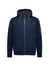 A navy unisex zip front hoodie featuring multiple pockets and a hood. It has a logo on the sleeve.