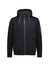 A black unisex zip front hoodie featuring a multi-pocket design and a hood. It includes a logo on the sleeve.