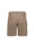 A pair of women's cargo shorts in khaki, featuring multiple pockets and a fitted design. The shorts have a logo.