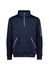 A navy unisex water-resistant 1/4 zip pullover with a front pocket and a logo on the sleeve.