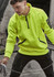 A bright yellow unisex pullover with a quarter zip, featuring a logo on the arm and a front pocket.