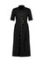 A black midi dress with short sleeves, button-down front, and a belt featuring a gold buckle. It has a logo present.