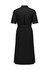 A black midi dress with short sleeves, a belted waist, and a buttoned back. Features a logo.