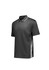 A grey short sleeve polo shirt with a contrasting mesh side panel and a logo on the collar.
