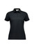 A black short sleeve women's polo shirt featuring a collar and three-button placket, with a brand logo.