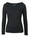 A black long-sleeve boat neck tee with a slight stretch and a logo at the neckline.