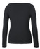 A black long-sleeve boat neck tee with a fitted design and a plain back. Features a logo.