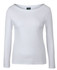 A white long-sleeved boat neck tee with a fitted silhouette and a label on the neckline.