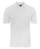 A white polo shirt with a collar and a pocket, featuring a logo on the collar.
