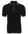 A black polo shirt featuring yellow contrasting stripes on the collar and sleeves. It has a logo on the chest.