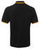 A black polo shirt with contrasting yellow stripes on the collar and sleeves, featuring a logo.