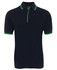 A navy polo shirt with contrast green detailing on the collar and sleeves, featuring a logo.