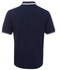 A navy polo shirt featuring contrasting white stripes on the collar and sleeve hems. It has a logo on the side.