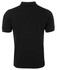 A black fitted polo shirt, featuring a classic collar and short sleeves, with a branding logo.