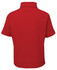 A red polo shirt with a flat collar and short sleeves, featuring a logo on the back.