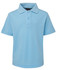 A light blue polo shirt with a collar and three buttons, featuring a logo on the label.
