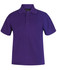 A purple polo shirt with a collar and button placket, featuring a logo on the chest.