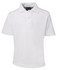 A white short-sleeved polo shirt featuring a collar and a logo.