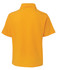 A short-sleeved polo shirt in bright yellow with a collar and a logo.