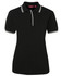 A black ladies' polo shirt featuring contrast white stripes on the collar and sleeve hems, with a logo present.