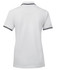 A white ladies' polo shirt featuring black contrast stripes on the collar and sleeves, with a logo on the front.