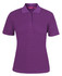 A purple women's polo shirt with a collared neck and short sleeves, featuring a logo.