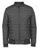 A black puffer bomber jacket with a zip-front and ribbed cuffs, featuring a logo on the collar.