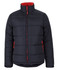 A black puffer jacket featuring red zippers and inner lining, designed with a high collar and padded sections.