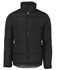 A black puffer jacket with a high collar and zip closure featuring a logo.