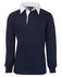 A navy polo shirt with a white collar and long sleeves, featuring a logo on the chest.