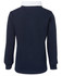 A navy and white polo shirt for kids featuring a classic collar and long sleeves, with a logo on the front.