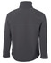 A soft shell jacket in dark grey, featuring a high collar and smooth fabric. The back view showcases its sleek design.