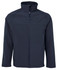 A navy soft shell jacket featuring a zip front, high collar, and two side pockets, with a logo on the chest.