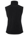 A black polar vest with a high collar, featuring a smooth, soft texture. The back view showcases its sleeveless design.