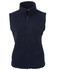 A navy polar vest with a high collar and a front zip, featuring a logo on the chest area.