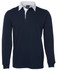 A navy polo shirt with a white collar and long sleeves, featuring a logo on the chest.