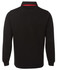 A two-tone black rugby shirt with a red collar, featuring long sleeves and a logo on the front.
