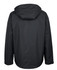 A black rain jacket with a hood, featuring a simple design and a logo on the back.