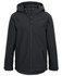 A softshell jacket in black with a hood, featuring a front zip and two side pockets. It has a branding logo.