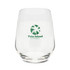A clear stemless glass featuring a logo. Ideal for enjoying beverages.