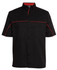 A black and charcoal button-up shirt with red piping and two front pockets, featuring a logo.