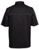 A button-up shirt in black and charcoal, featuring a logo and short sleeves, shown from the back.