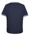 A navy unisex scrub top with contrasting white stripes on the sleeves and a simple design. It includes a logo.